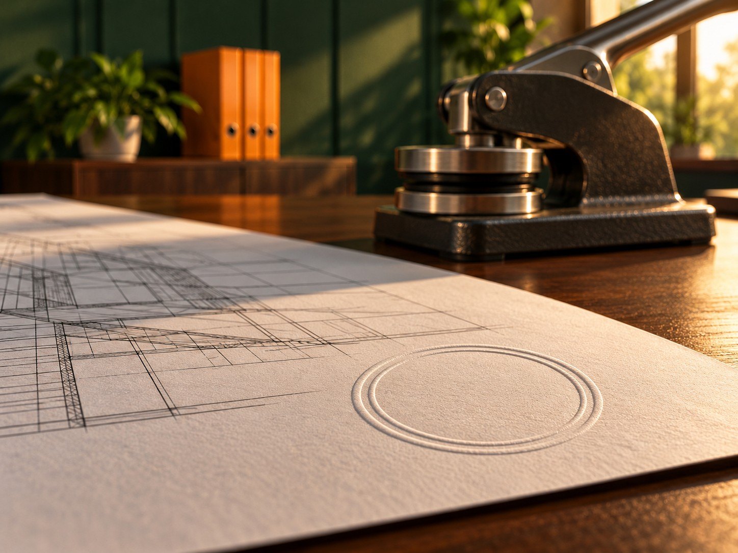 Close-up of an embossed seal impression on a stamped engineering drawing