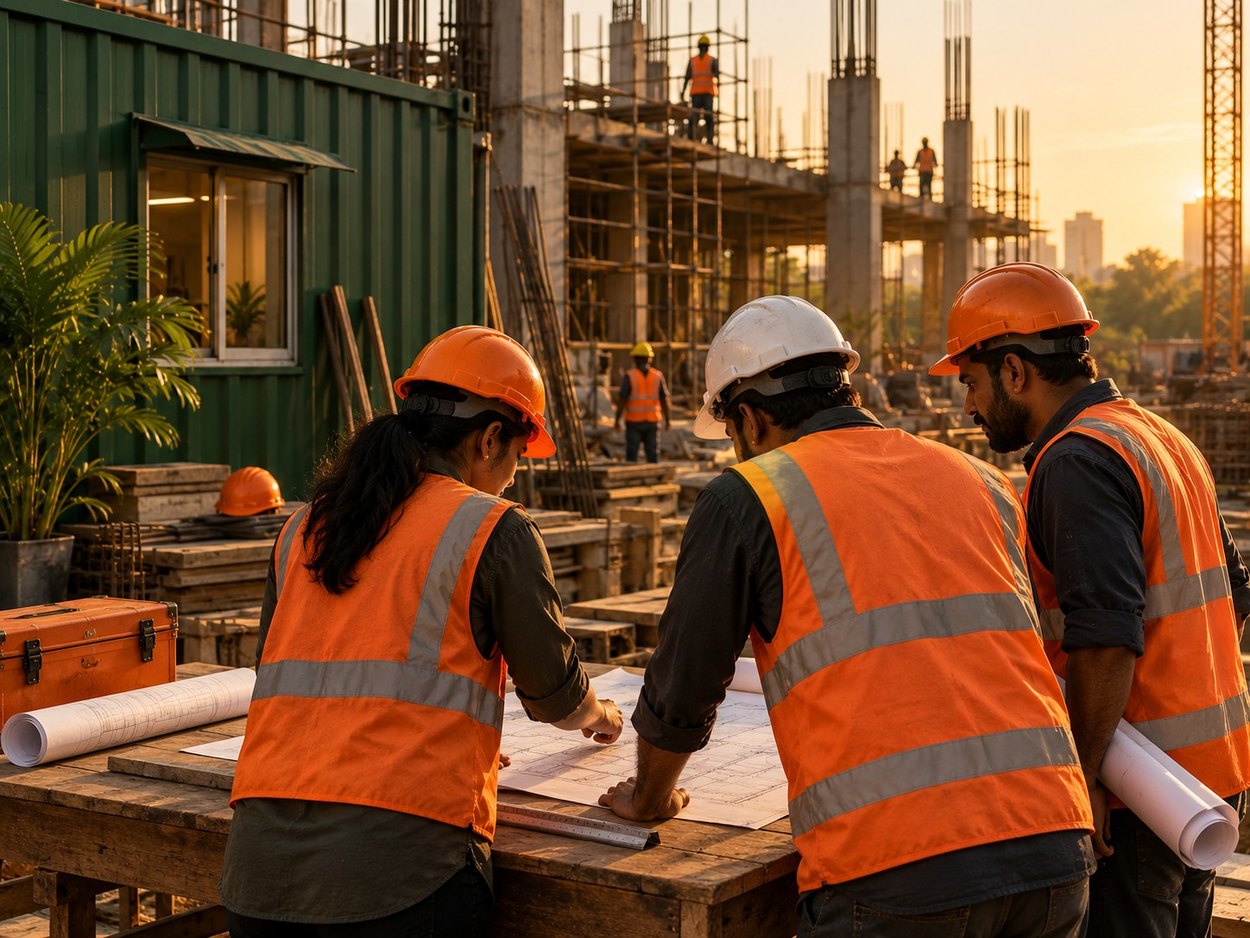 Site engineers in hi-vis vests reviewing drawings on a building under construction