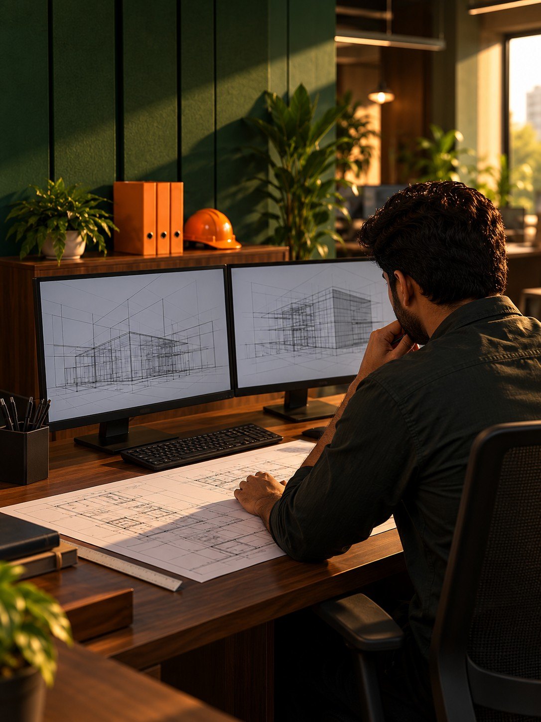 Engineer reviewing building drawings at a dual-monitor workstation