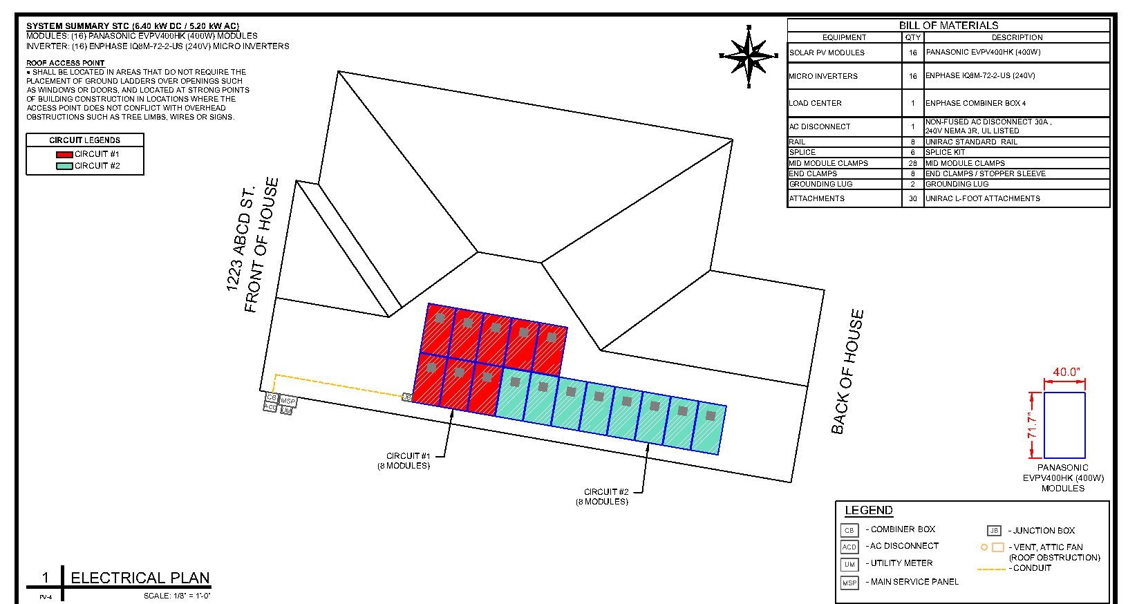 Solar permit plan sheet showing roof layout, circuits and bill of materials