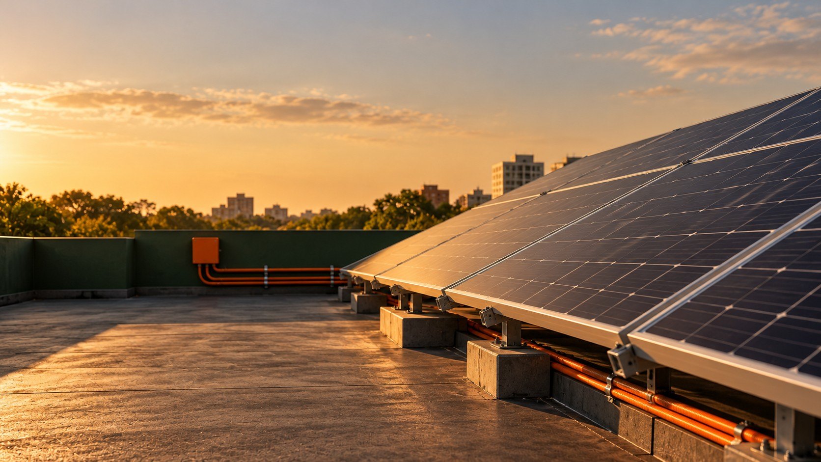 Rooftop solar array catching the late afternoon sun above the city