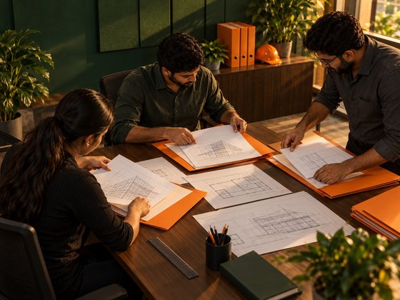 Engineering team reviewing drawings and project folders around a table