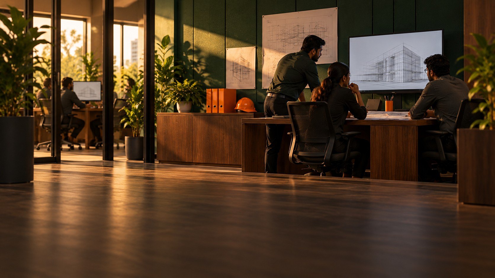 Engineers reviewing a building model and drawings in an open-plan design studio